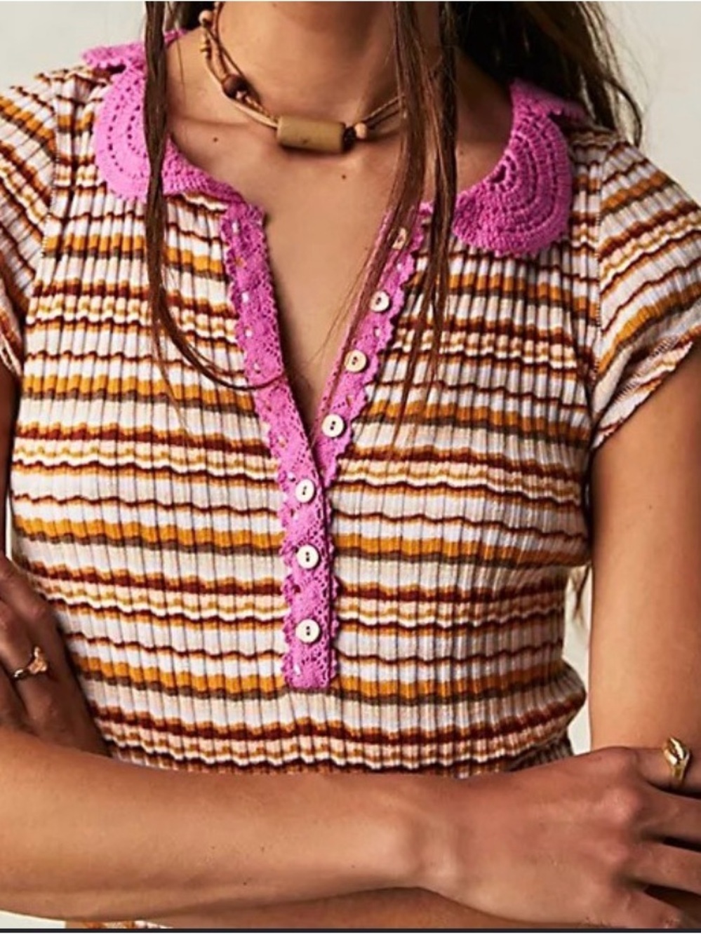 Free People Brown & White Striped Ribbed Top with Pink Crochet Trim